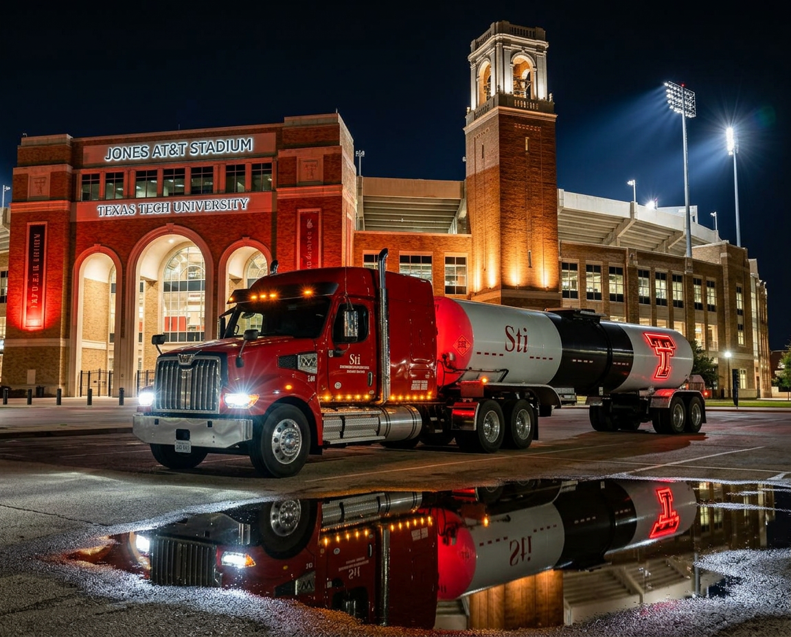 Red Skinner Transportation tractor and tanker trailer parked at night in front of Jones AT&T Stadium
